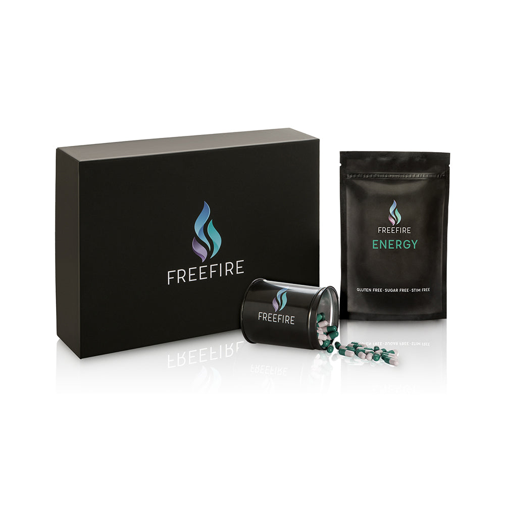 integratore FreeFire Energy per ridurre lo stress quotidiano confezione da 60 capsule in confezione di benvenuto che comprende bellissima scatola rigida riciclabile per moltissimi usi e pratico porta capsule in latta