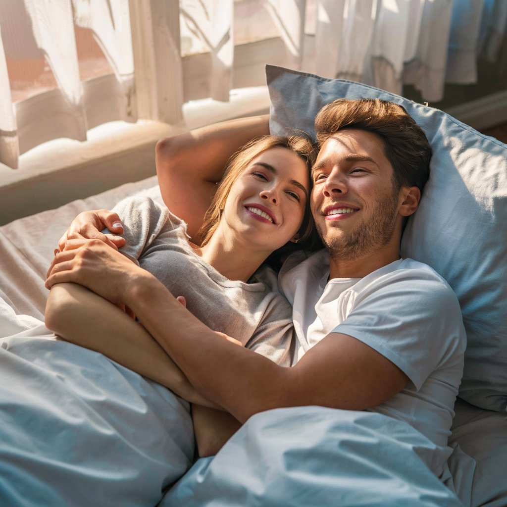 due persone che si risvegliano dopo aver dormito bene con l'integratore sleep di FreeFire