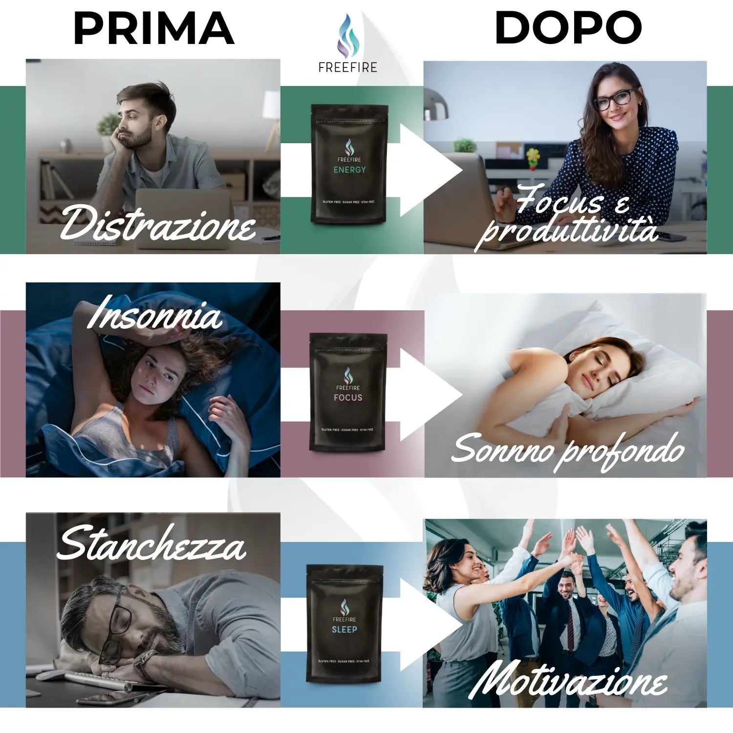 FreeFire - Sleep, Energy e Focus integratori, la trilogia del benessere, welcome pack